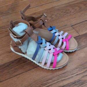 JustFab Tan Gladiator Sandals with Blue, Pink & Lavender Straps